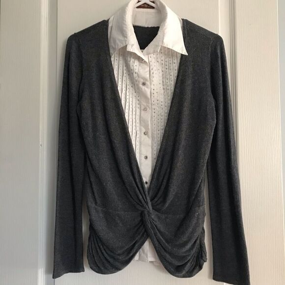 Miss June Casual/ Corporate Business Attire Long sleeves Top Gray White - Picture 7 of 11